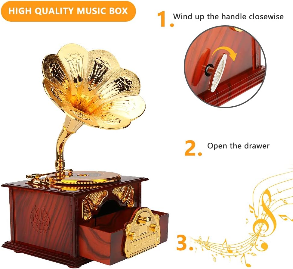 Mystery Vintage Gramophone Music Box, Mechanical Musical Jewelry Box for Girls Women Mom, Retro Table Cafe Bar Home Decor, Birthday Mothers Day Gifts for Mom