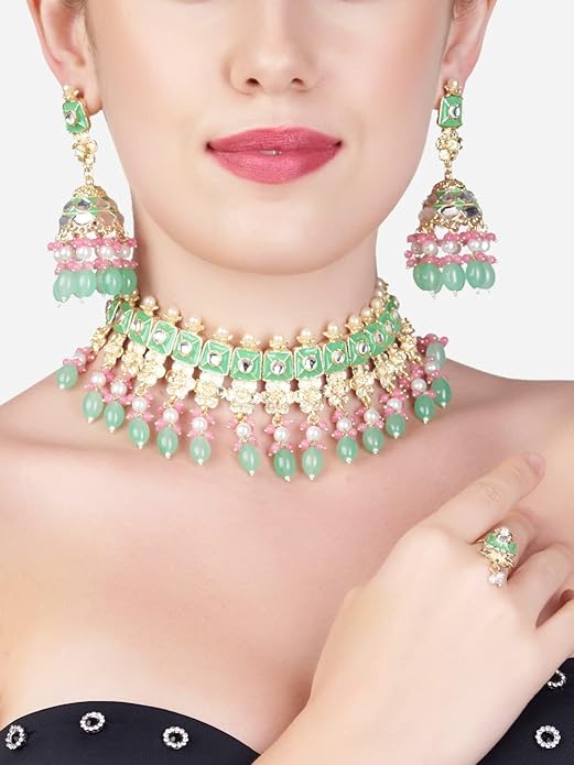 طقم مجوهرات نسائي من ماركة ZAVERI PEARLS موديل ZPFK13538 بتصميم ميناكاري 