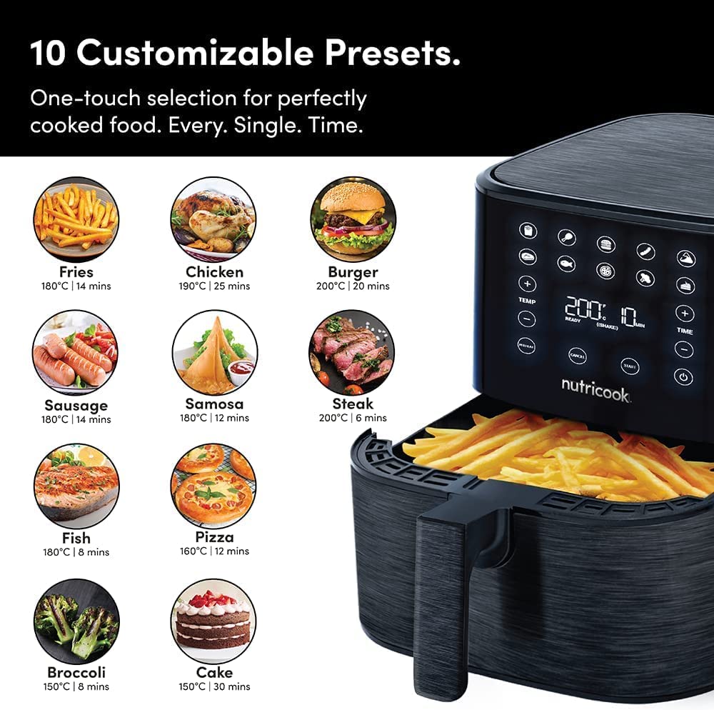 Nutricook Air Fryer 2, 1700 Watts, Digital Control Panel Display, 10 Preset Programs with built-in Preheat function, 5.5 Liters, Black