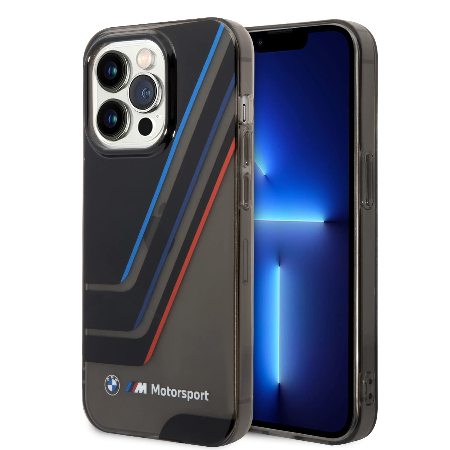 جراب من CG MOBILE BMW Motorsport Collection PC/TPU IML لخطوط ثلاثية الألوان ومناطق شفافة وشعار مطبوع، حماية من الصدمات، فتحات دقيقة، متوافقة مع iPhone 14 Pro - أسود