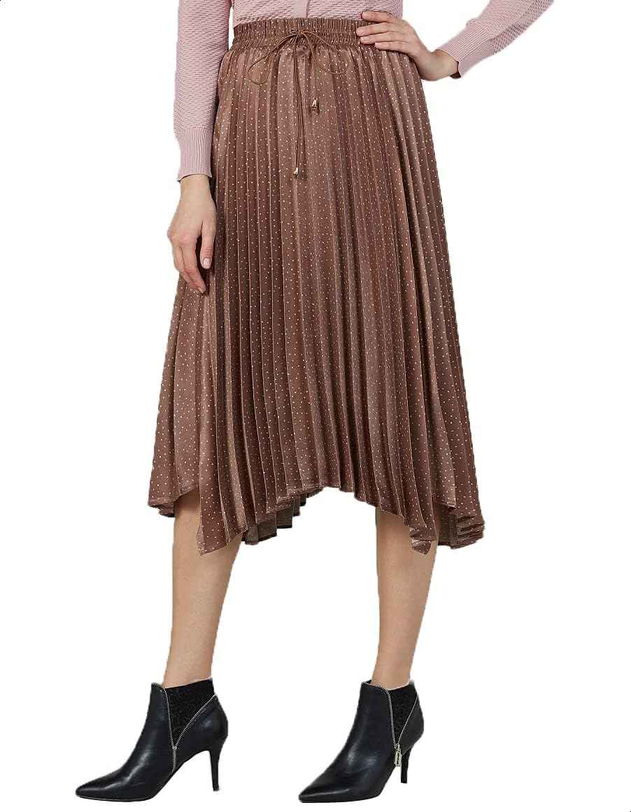 Splash Polka-Dot Pattern Asymmetric-Hem Pleated Midi Skirt for Women