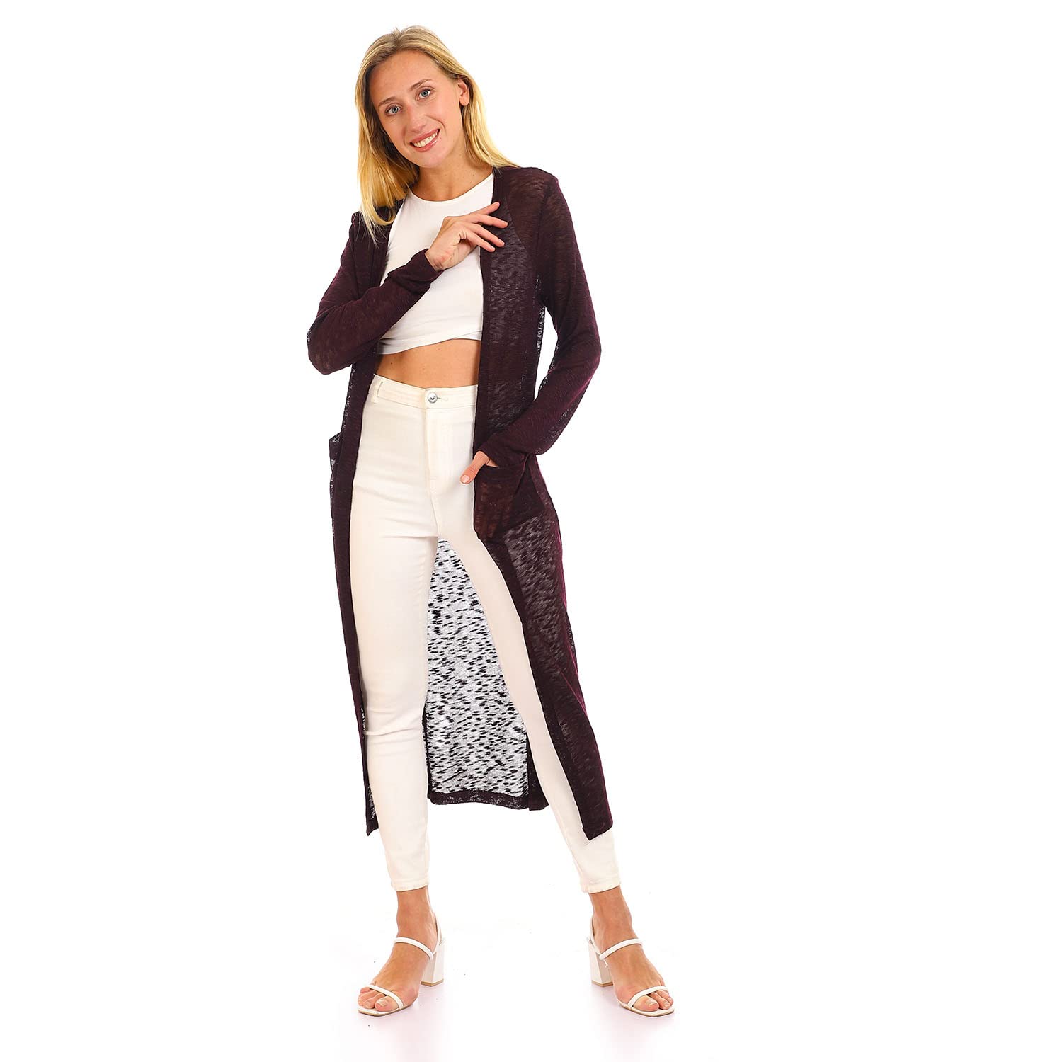 JAMILA Women’s Long Open Neck Cardigan Sweater – Self Patterned