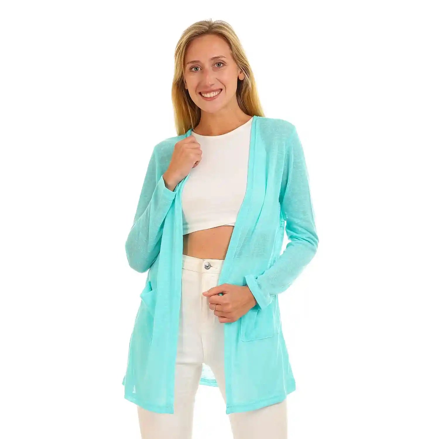 JAMILA Side Pockets Open Neckline Cardigan For Women,Relaxed fit that allows freedom of movement.