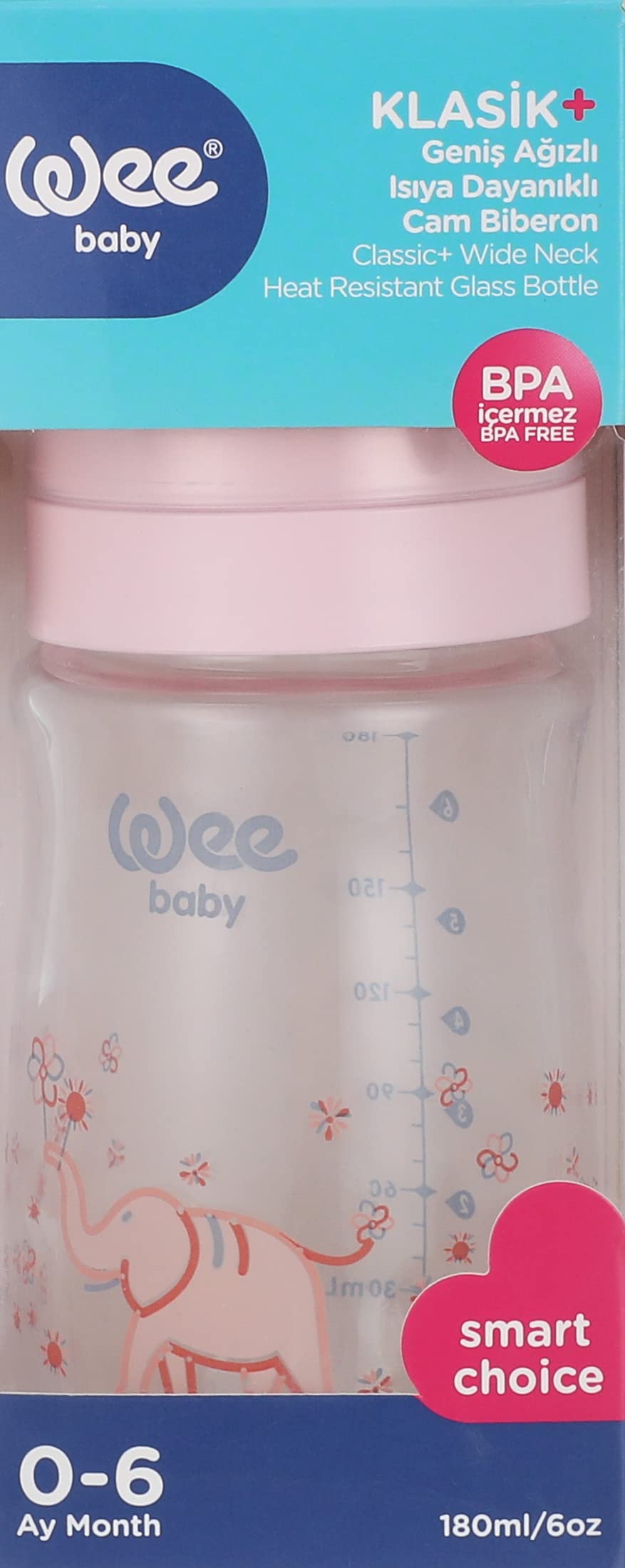 Wee Baby 140 Heat Resistant Glass Feeding Bottle with Wide Silicone Teat, 180 ml - Pink