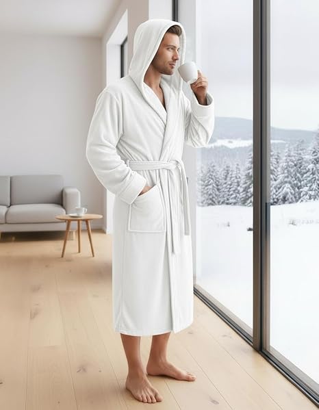 NY Threads Men's Hooded Fleece Bathrobe White – Safqqa Egypt