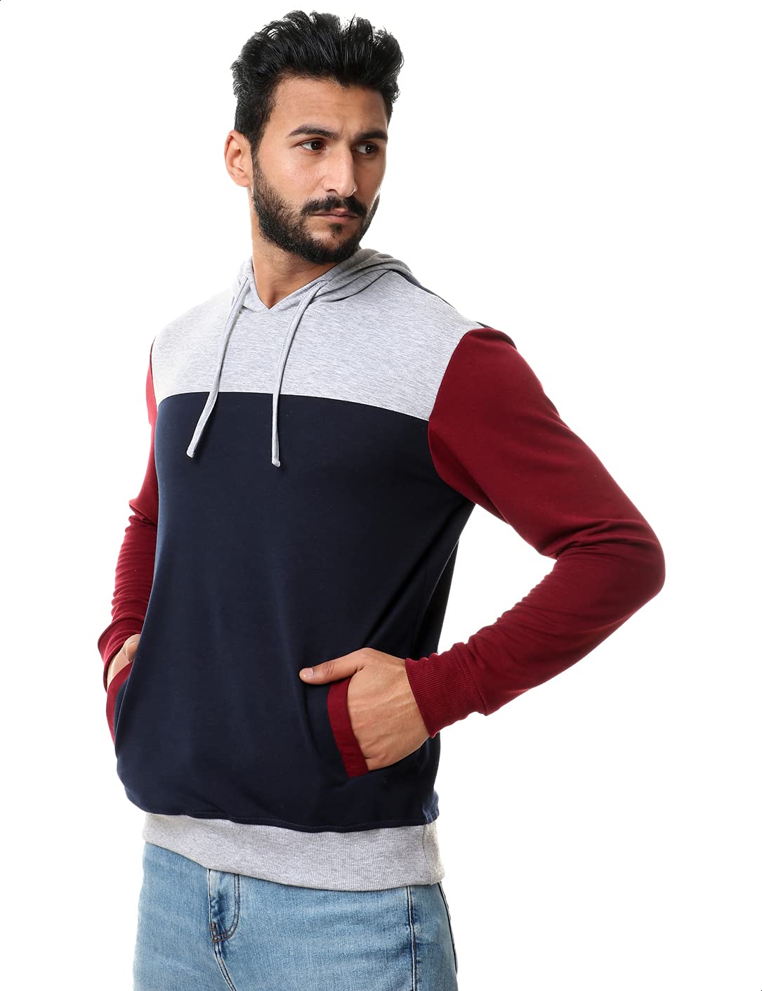Off Cliff Color Block Side Pockets Ribbed Trims Hoodie For Men,Perfect for casual outings, sports, or outdoor activities.