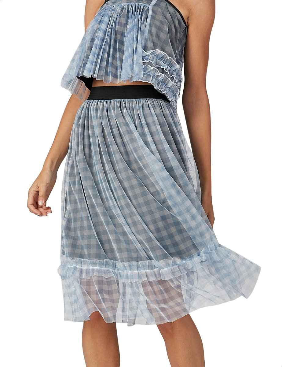 Splash Gingham-Plaid Ruffle-Trim Midi A-Line Skirt for Women