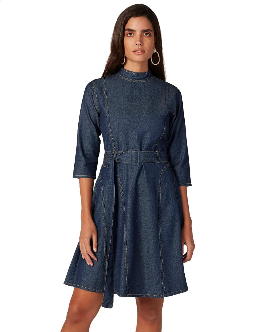 Splash Plain Waist Belt Three Quarter High Neck Denim Dress for Women M