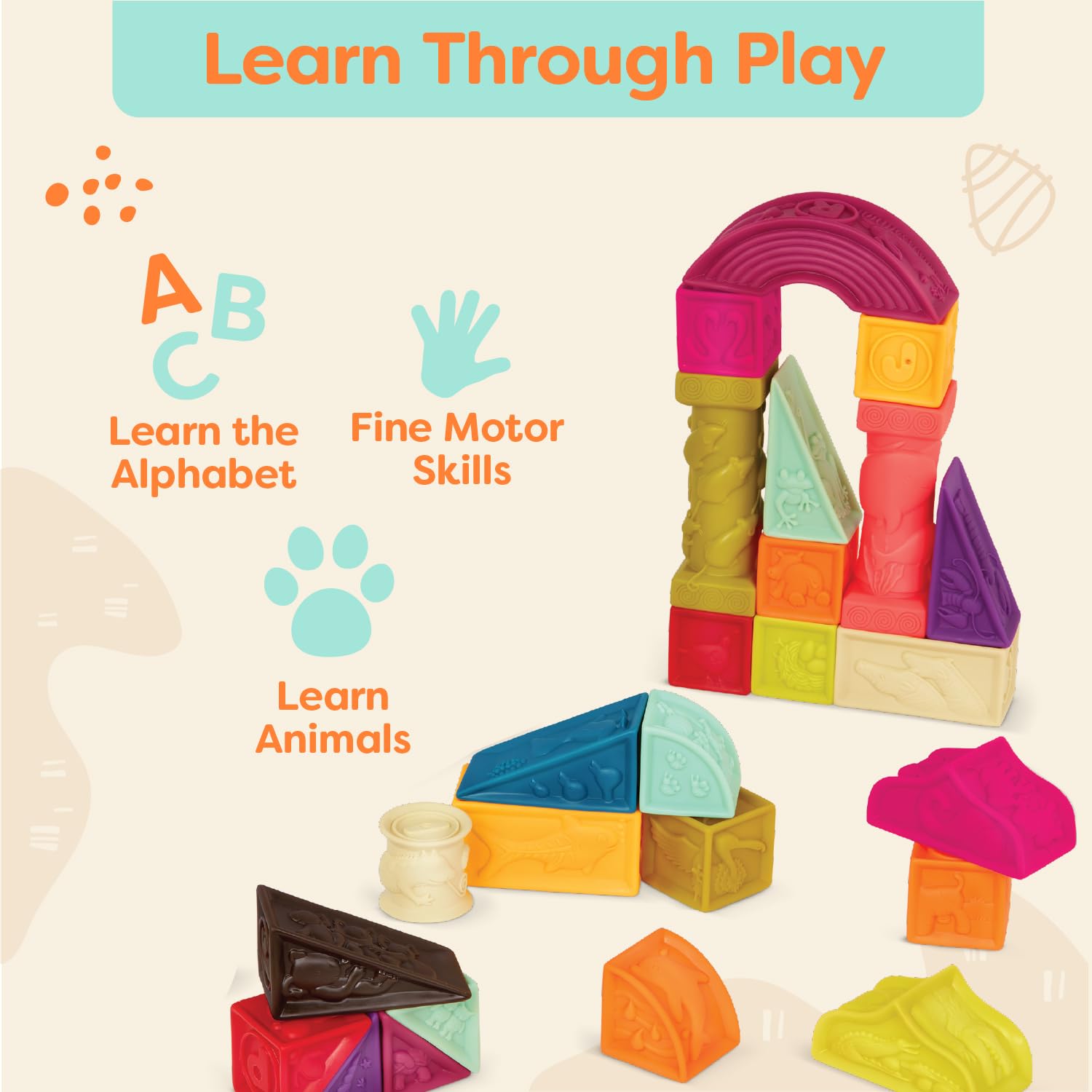 B. toys - elemenosqueeze baby blocks - 26 stacking blocks with shapes numbers, animals & textures - bpa free soft blocks for babies 6m+ (26-pcs)