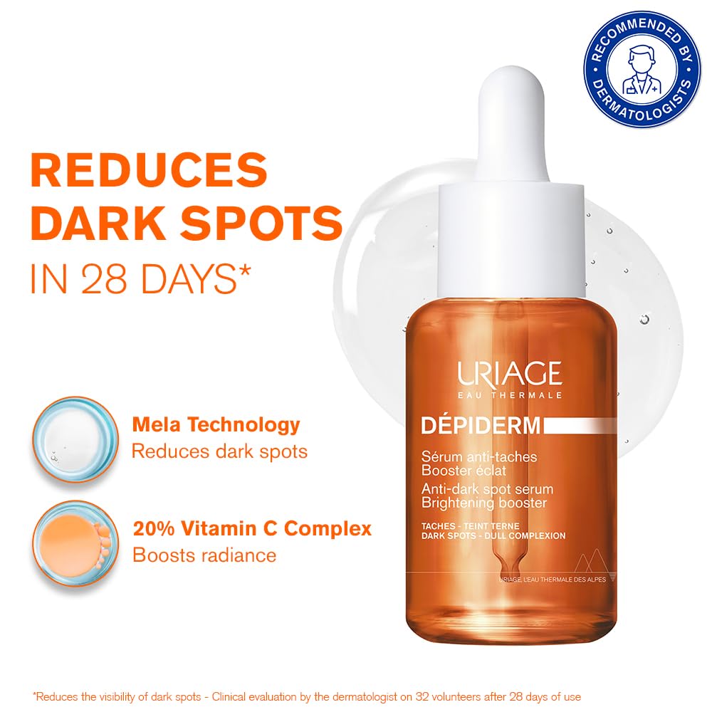 Uriage Dépiderm stabilized Vitamin C serum, anti-dark spot solution for glowing skin with 20% VITAMIN C COMPLEX & NIACINAMIDE I Non oxidative, Fragrance-free & Suitable for sensitive skin
