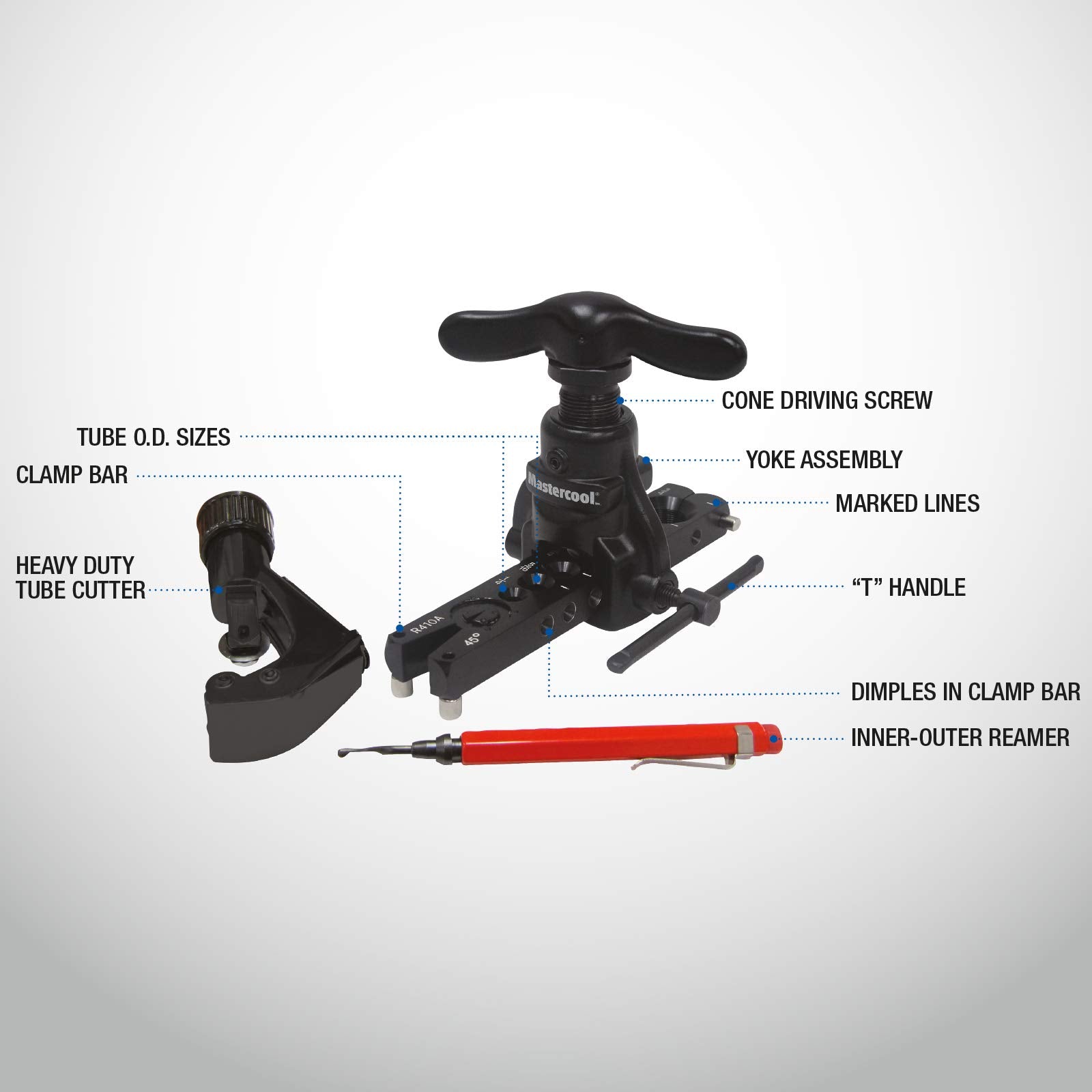 عدة ماستركول 70058-A لتوسيع الأنابيب بزاوية 45 درجة هي أداة احترافية مصممة لتشكيل توسعات دقيقة ومتجانسة في الأنابيب المصنوعة من النحاس أو النحاس الأصفر أو الألمنيوم.
