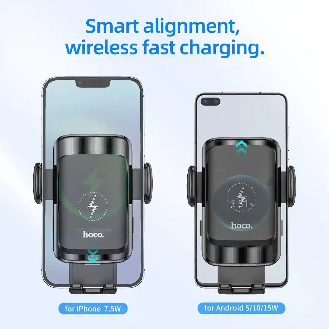حامل السيارة الذكي مع شحن لاسلكي من هوكو S35 يوفر محاذاة ذكية وشحن سريع بقوة ١٥ واط للهواتف التي يتراوح حجمها بين ٤.٥ و٦.٧ بوصة. متوافق مع جميع العلامات التجارية الشهيرة