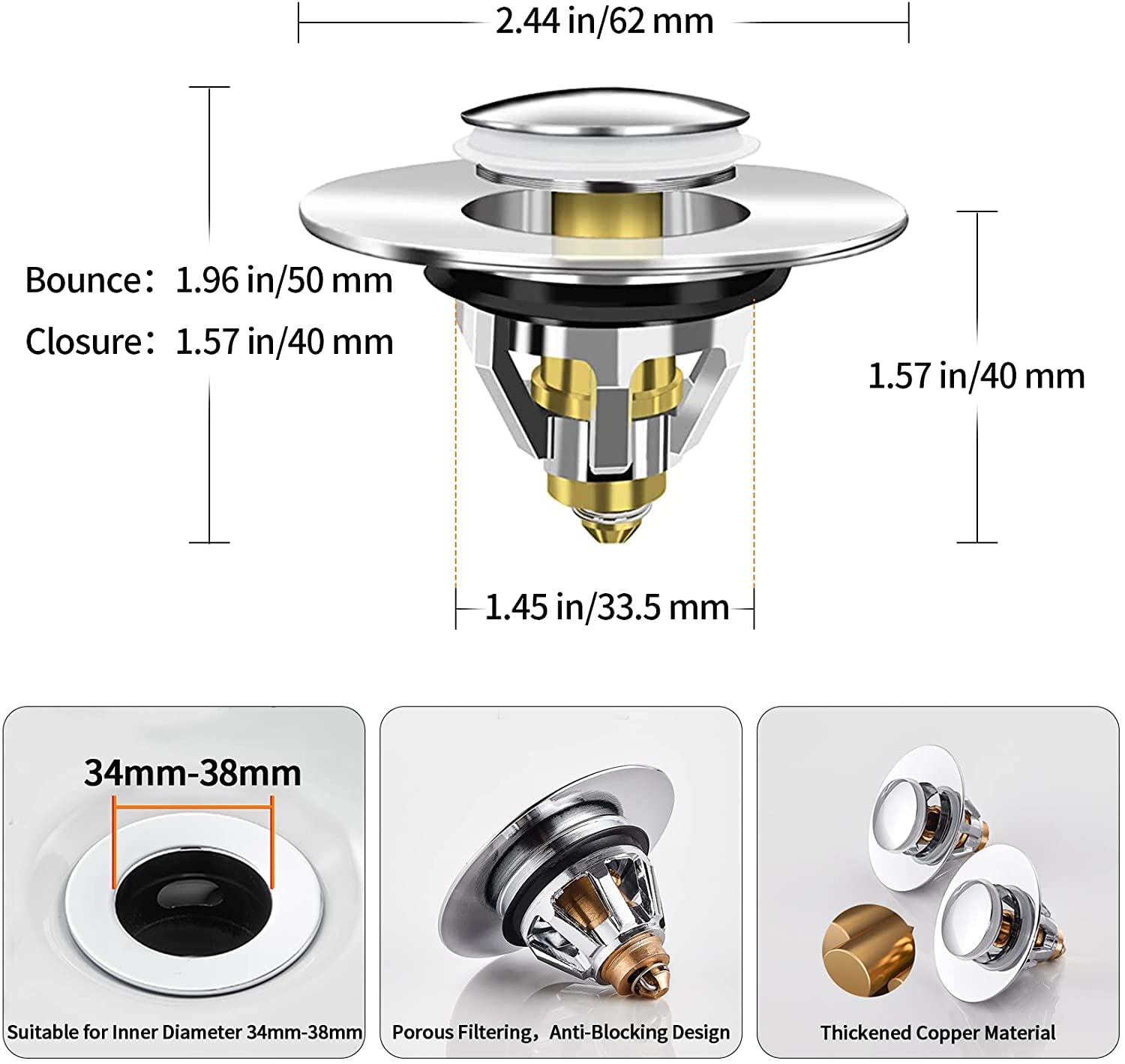 Wawasia Universal Bathroom Sink Stopper Stainless Steel