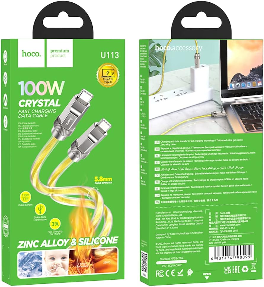 كابل شحن ونقل بيانات سريع قوي من هوكو 100 وات - 3 أمبير - 1 متر قابس USB نوع سي إلى متوافق مع سامسونج وهواوي وشاومي وأوبو ذهبي U113