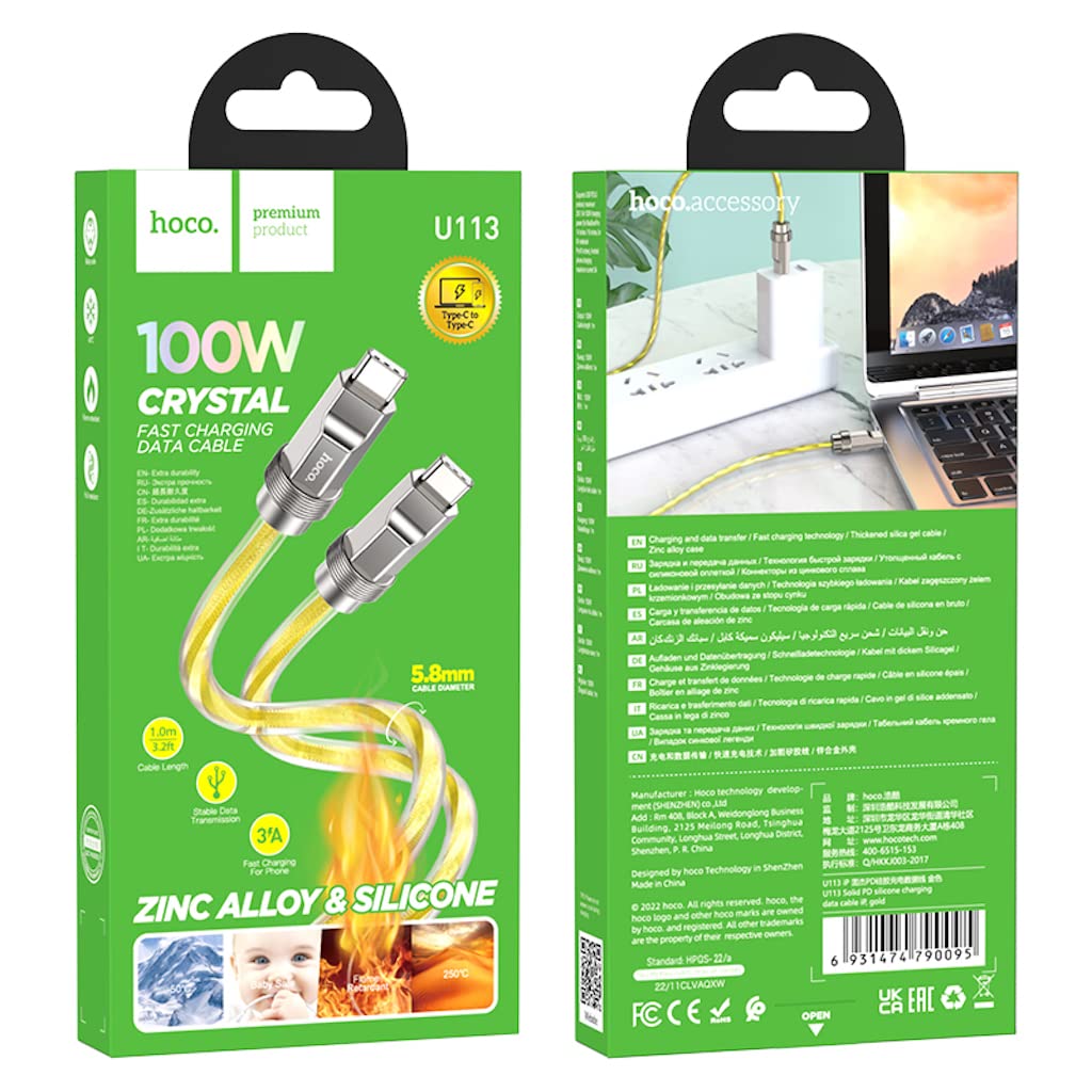 كابل شحن ونقل بيانات سريع قوي من هوكو 100 وات - 3 أمبير - 1 متر قابس USB نوع سي إلى متوافق مع سامسونج وهواوي وشاومي وأوبو ذهبي U113
