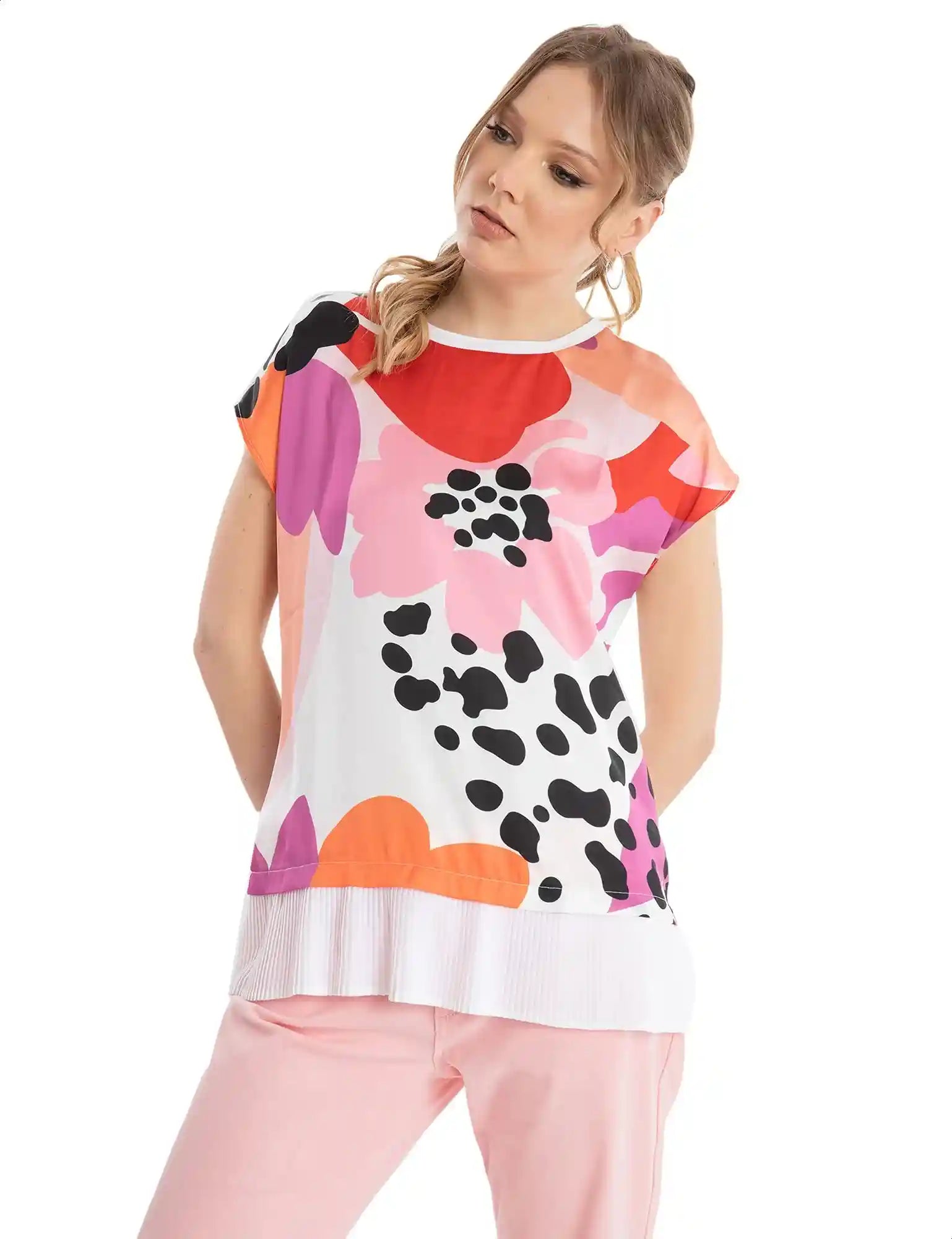 Dalydress Floral-Pattern Pleated Trims Round-Neck Short Sleeves Blouse for Women - Safqqa Egypt