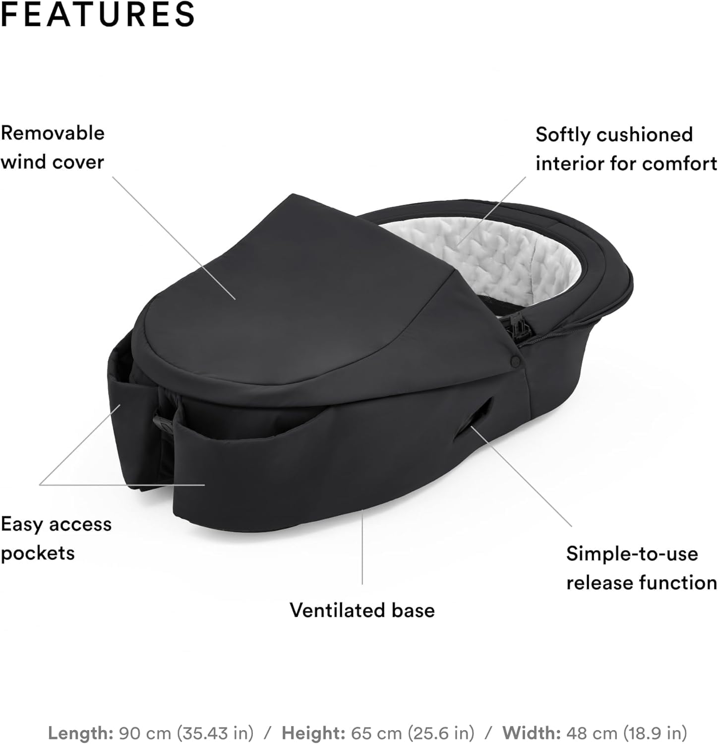 tokke Xplory X Carry Cot - Detachable Cot for Xplory X Baby Stroller - Soft Interior Lining & Breathable Mattress - With Removable Wind Cover & Two Easy-Access Pockets