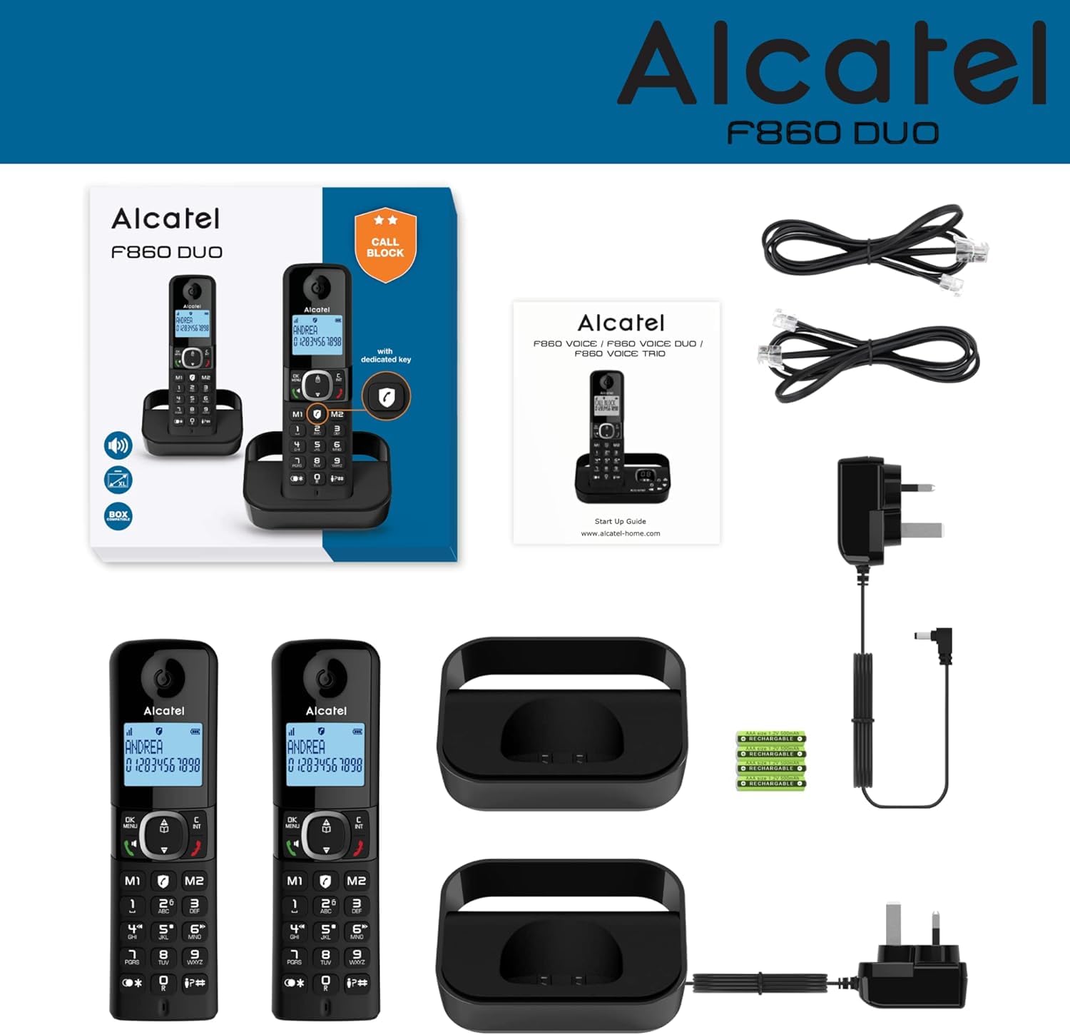 Alcatel F860 Duo Wireless Telephone/2 Headphones/Unwanted Call Block/Speakerphone/Illuminated Display/Caller ID/100 Digit Memory/Redial Button/Different Tones/Bell Intensity Control