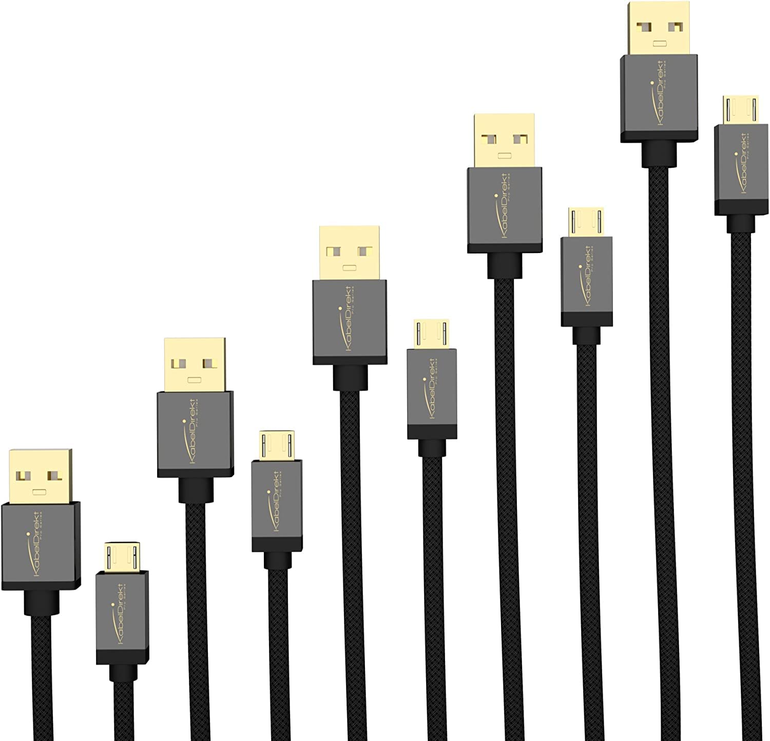KabelDirekt â€“ 0.5m Micro USB Cable (USB 2.0, Sync & Charge Cable, Nylon) PRO Series - Pack of 5