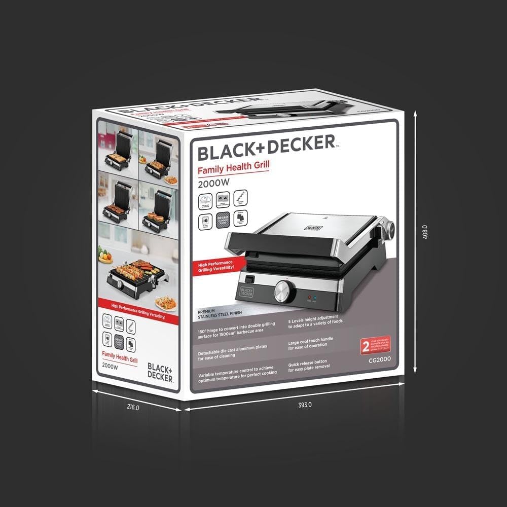 Black+Decker Contact Grill, Family Health Grill, 2000W, Black/Silve– CG2000-B5 – Minor Scratch, Damage Box