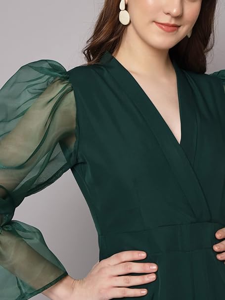 Styleville.in Women’s Wide Leg Jumpsuit Organza Sleeve Green