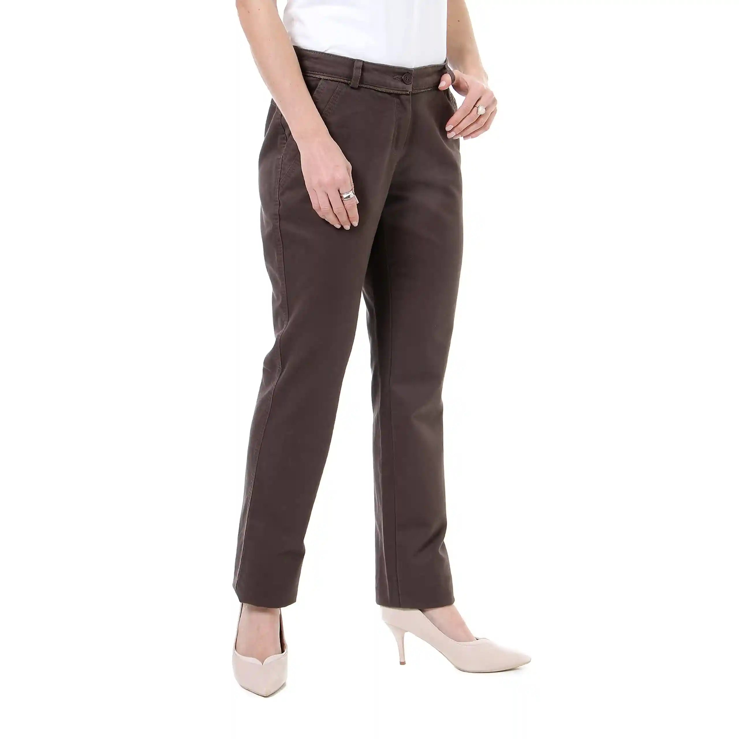 esla_ Fly Zipper Button Solid Cotton Womens Pants_Dark Gray - Safqqa Egypt