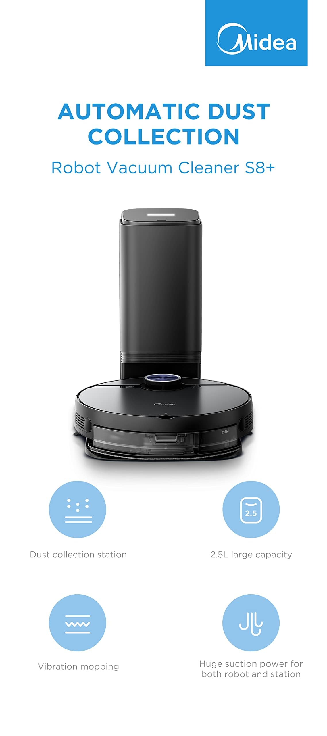 Midea Robot Vacuum cleaner, 4000Pa Strong Suction with BLDC motor App & Voice Control Msmartlife, Dust Bin In Station is 2L for 45 days, carpet sensor, Display screen Black S8,( An original product that is lightly used and tested by SAFQQA )