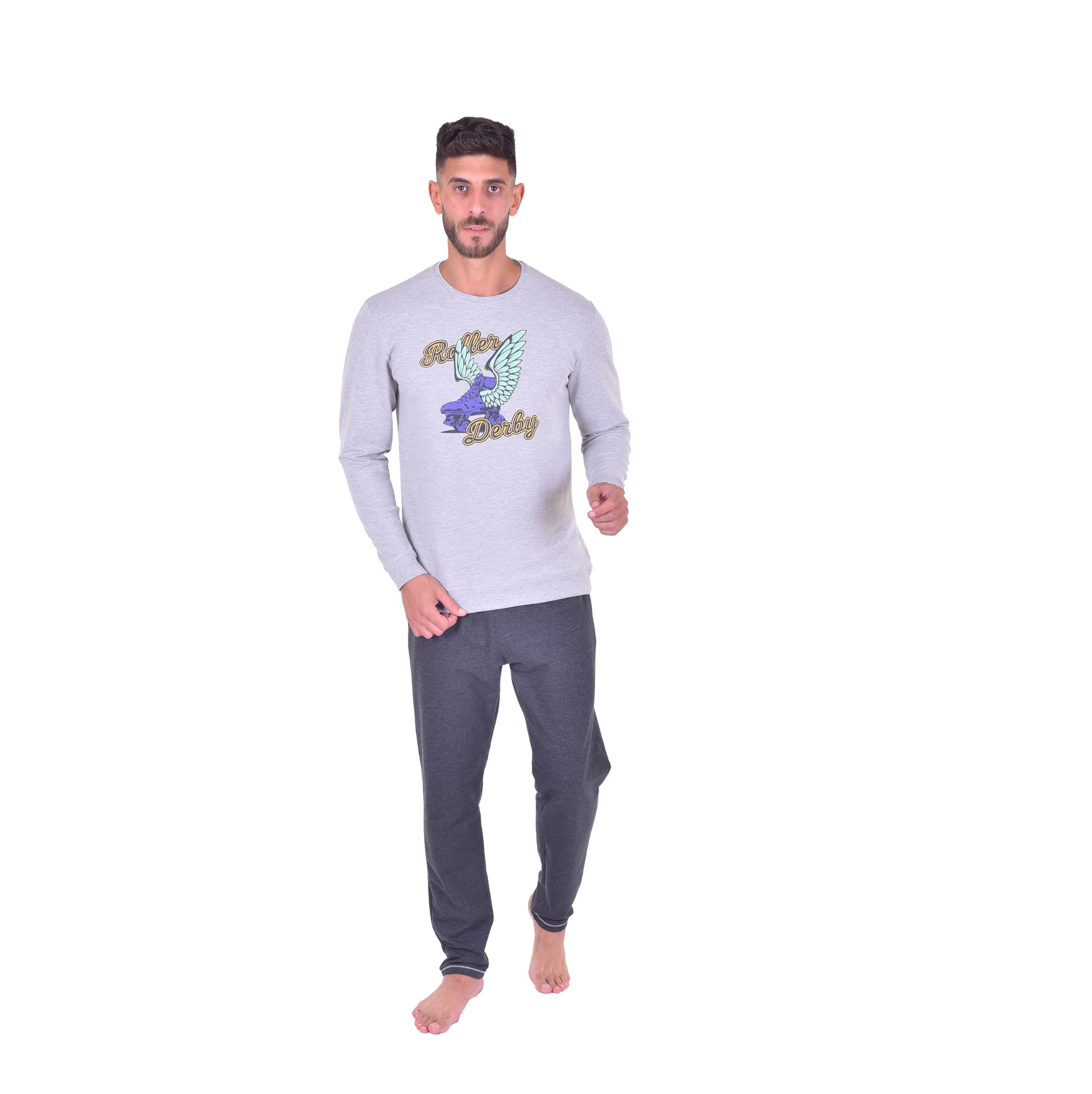 JIL men pant pajama cotton melton lycra grey melange printed, 8 - Safqqa Egypt