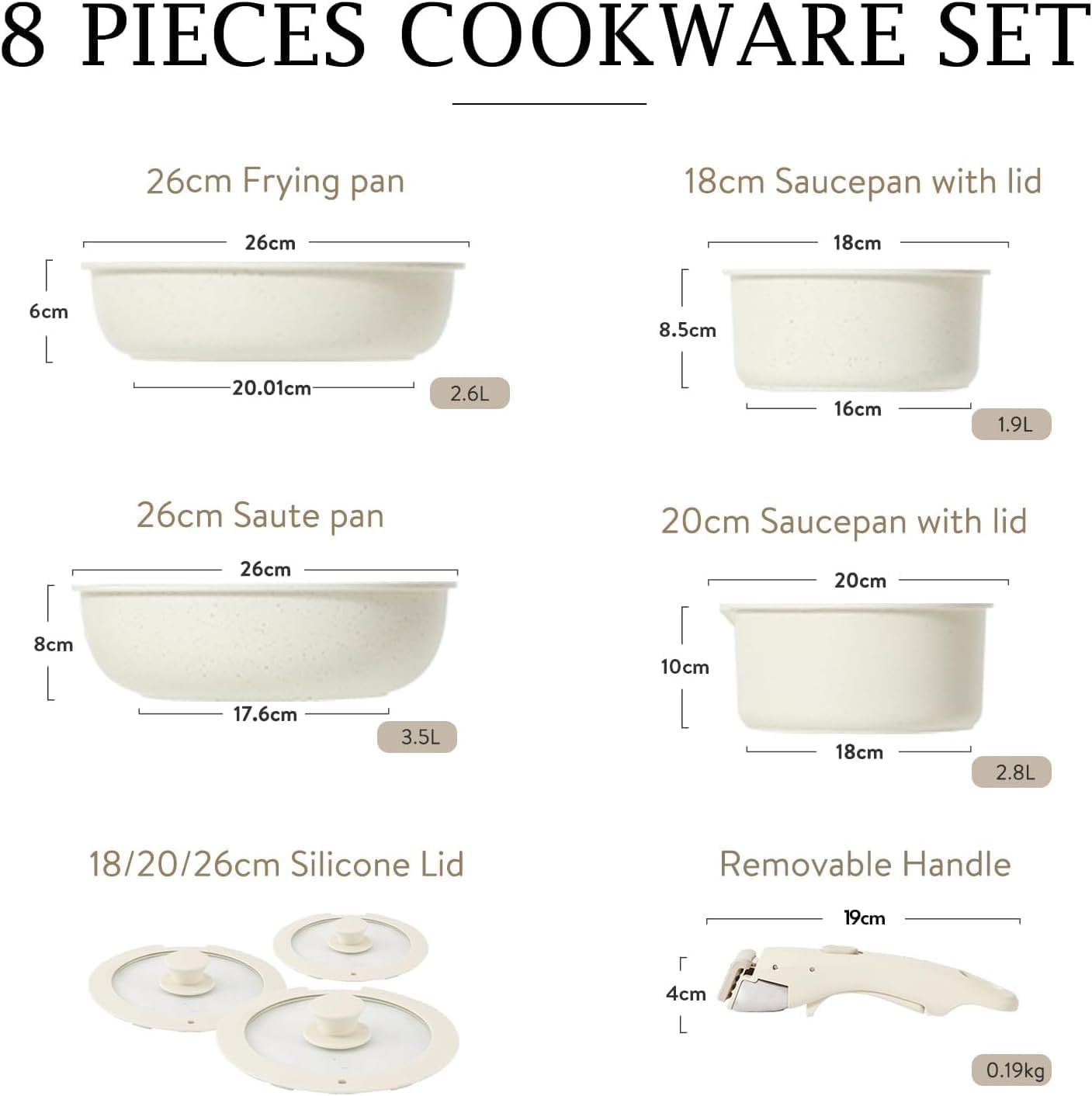 BPA® 8pcs Pots and Pans Set, Nonstick Cookware Set Detachable Handle, Induction Kitchen Cookware Sets Non Stick with Removable Handle