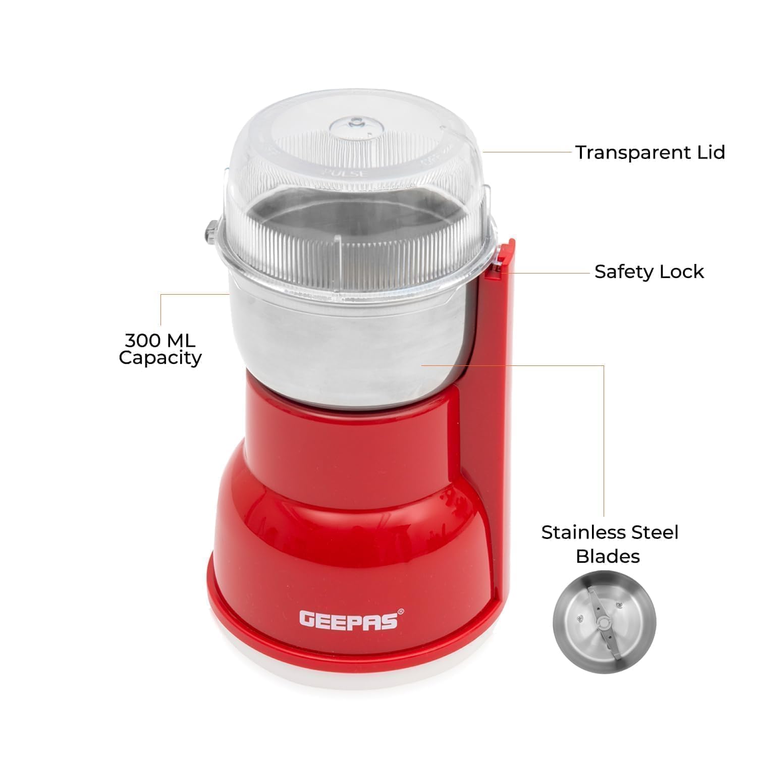 Geepas 180W Electric Coffee Grinder - Stainless Steel Blade |Stainless Steel Cup for Grinding, Overheat Protection | Removable Steel Bowl