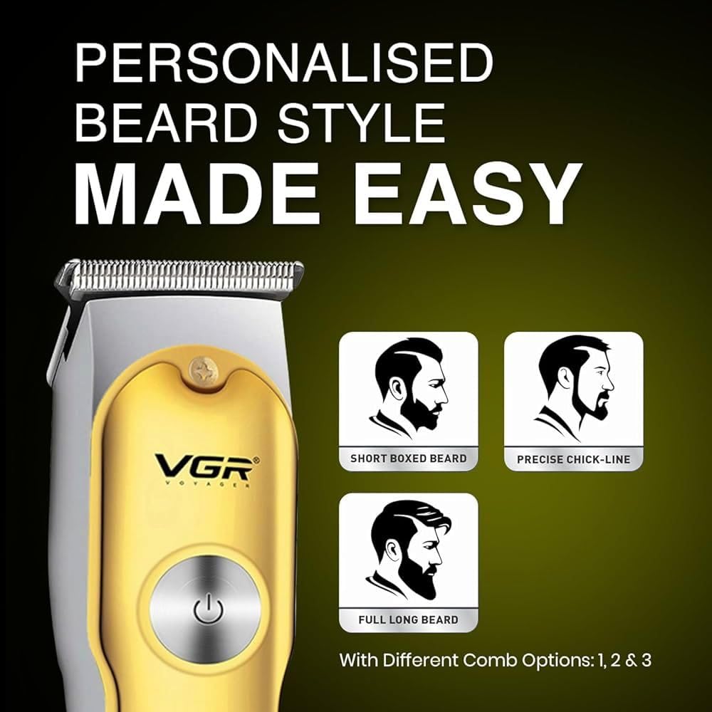 VGR Professional Hair Trimmer, Cordless T-Blade with Multiple Length Controls, USB Fast Charging, Gold