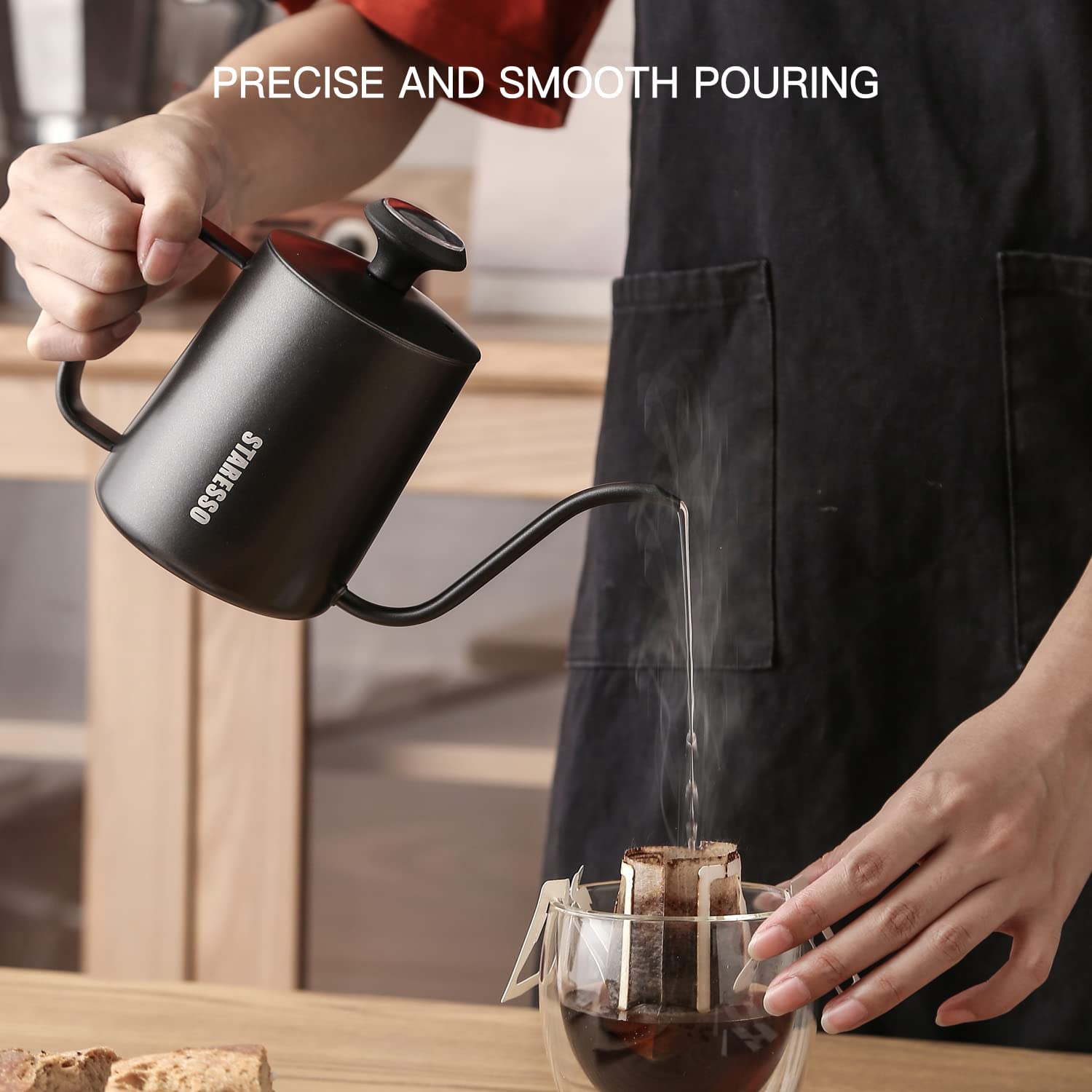 غلاية قهوة يدوية من ستاريسو بسعة 550 مل من الستانلس ستيل مع فوهة دقيقة وترمومتر – خدوش طفيفة وعلبة تالفة
