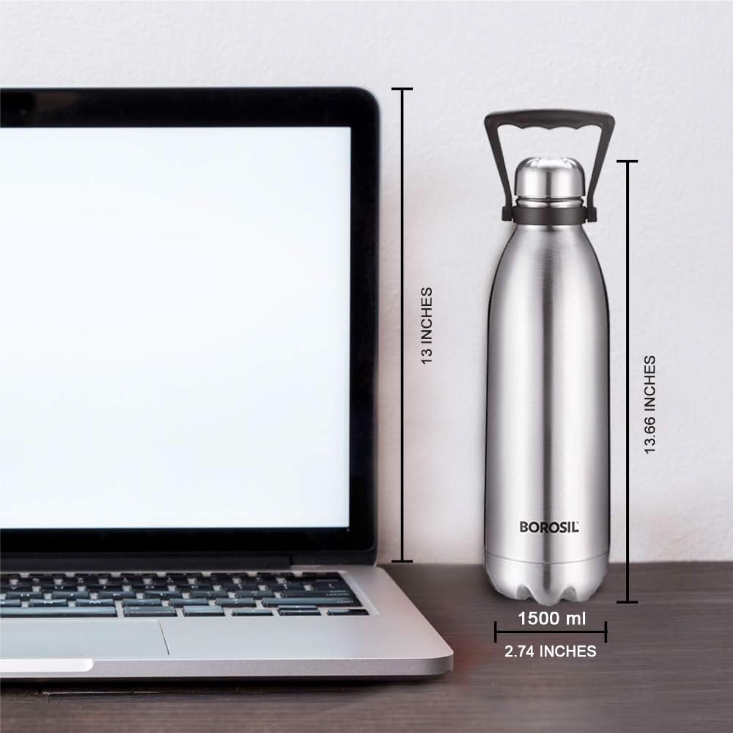 Borosil - Stainless Steel Hydra Bolt with Handle - Vacuum Insulated Flask Water Bottle, 1.5L-No Box