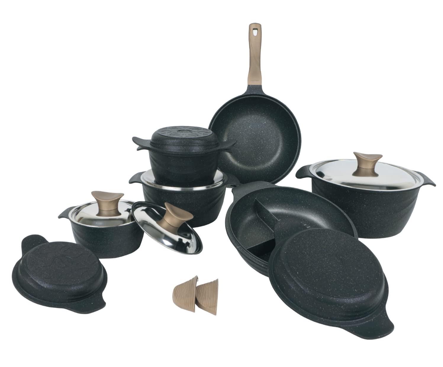 طقم حلل جرانيت برو بلس بغطاء صلب من نيو كلاين، مقاس (30 و24 و20 و18) مع طاسة ووك برو بلس مقاس 30، 9 قطع