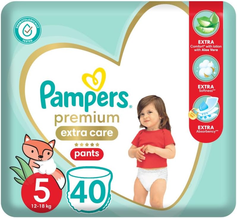 Pampers Premium EXTRA CARE Pants, Size 5, 12-18 Kg, with Lotion with Aloe Vera, 40 diapers. - Safqqa Egypt