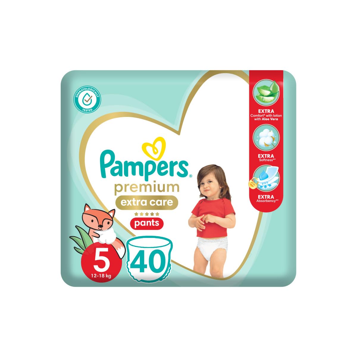 Pampers Premium EXTRA CARE Pants, Size 5, 12-18 Kg, with Lotion with Aloe Vera, 40 diapers. - Safqqa Egypt