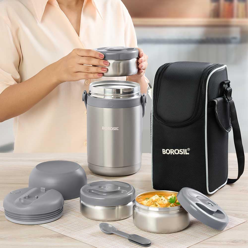 Borosil Stainless Steel Lunch Box Set, 3-Pieces, Silver, 350 milliliters