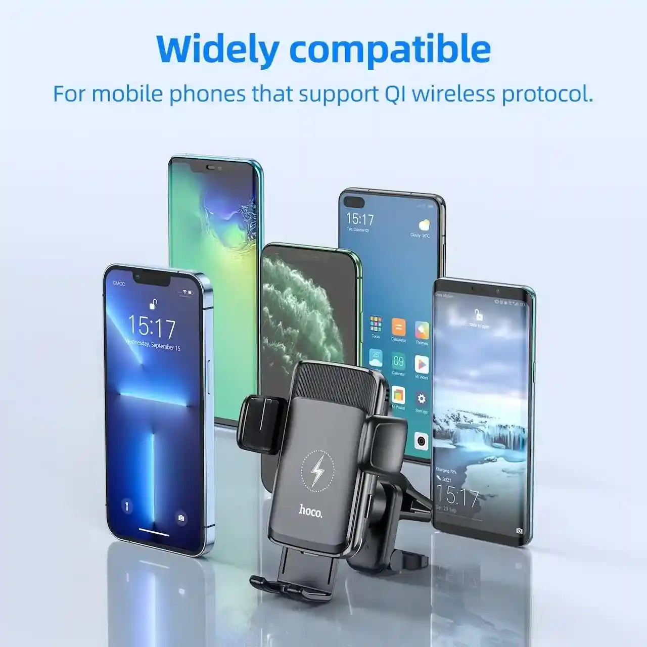 حامل السيارة الذكي مع شحن لاسلكي من هوكو S35 يوفر محاذاة ذكية وشحن سريع بقوة ١٥ واط للهواتف التي يتراوح حجمها بين ٤.٥ و٦.٧ بوصة. متوافق مع جميع العلامات التجارية الشهيرة