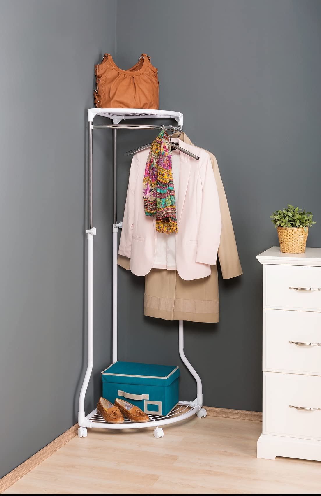 WENKO Coat Rack Freestanding, Clothes Hanger Stand for Entryway, Coat Rack with Shoe Storage, Adjustable Corner Coat Rack, White/Chrome, Holds up to 110lbs, 27.6 x 44-65.4 x 21.7 in