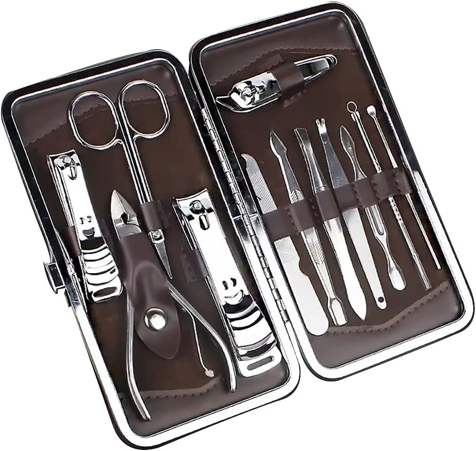طقم مقص أظافر احترافي من الفولاذ المقاوم للصدأ للسفر والعناية أدوات مانيكير وباديكير مجموعة 12 قطعة مع حقيبة فاخرة