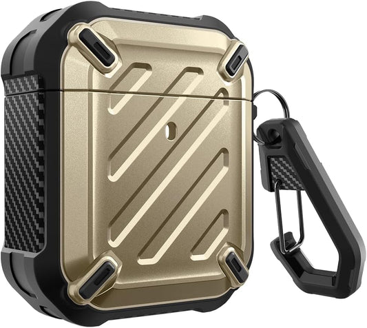 جراب Supcase Unicorn Beetle Pro Series مصممة لـ AirPods 1 و 2، جراب واقي قوي للجسم بالكامل مع مشبك كارابيني لـ Apple AirPods الجيل الأول والثاني (ذهبي)