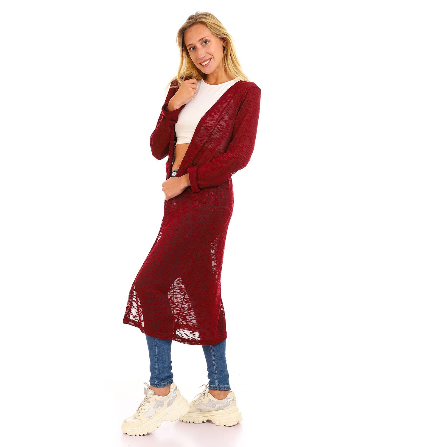 Jamila Women’s Self-Patterned Long Cardigan Sweater with Open Neckline