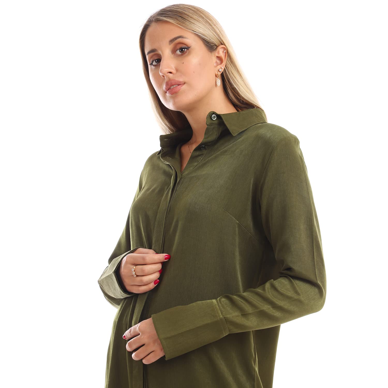 Jamila Women long sleeves soft satin buttoned shirt dress