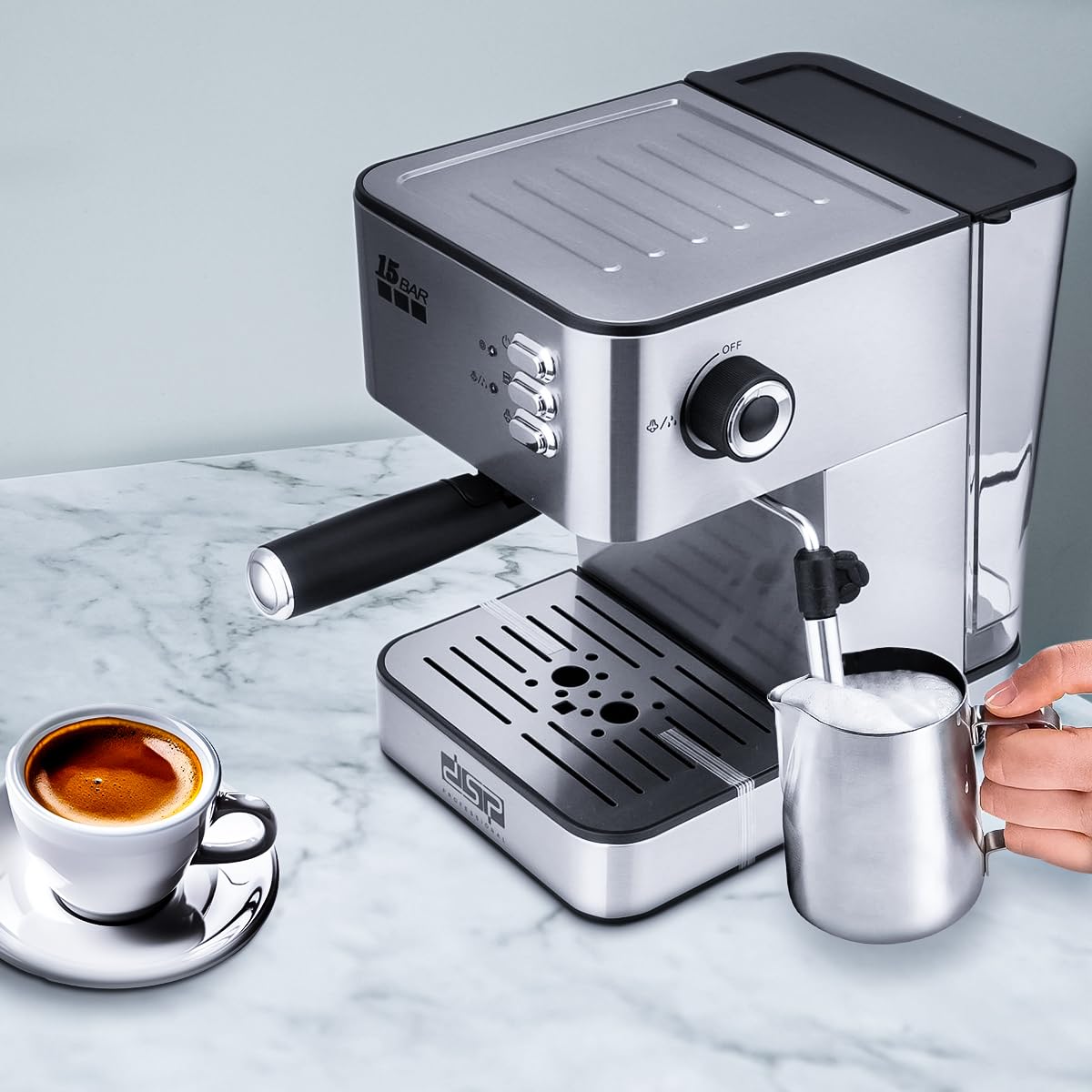 DSP KA3091 Espresso Coffee Machine – 15 Bar, Manual Controls, Stainless Steel – Safqqa Egypt