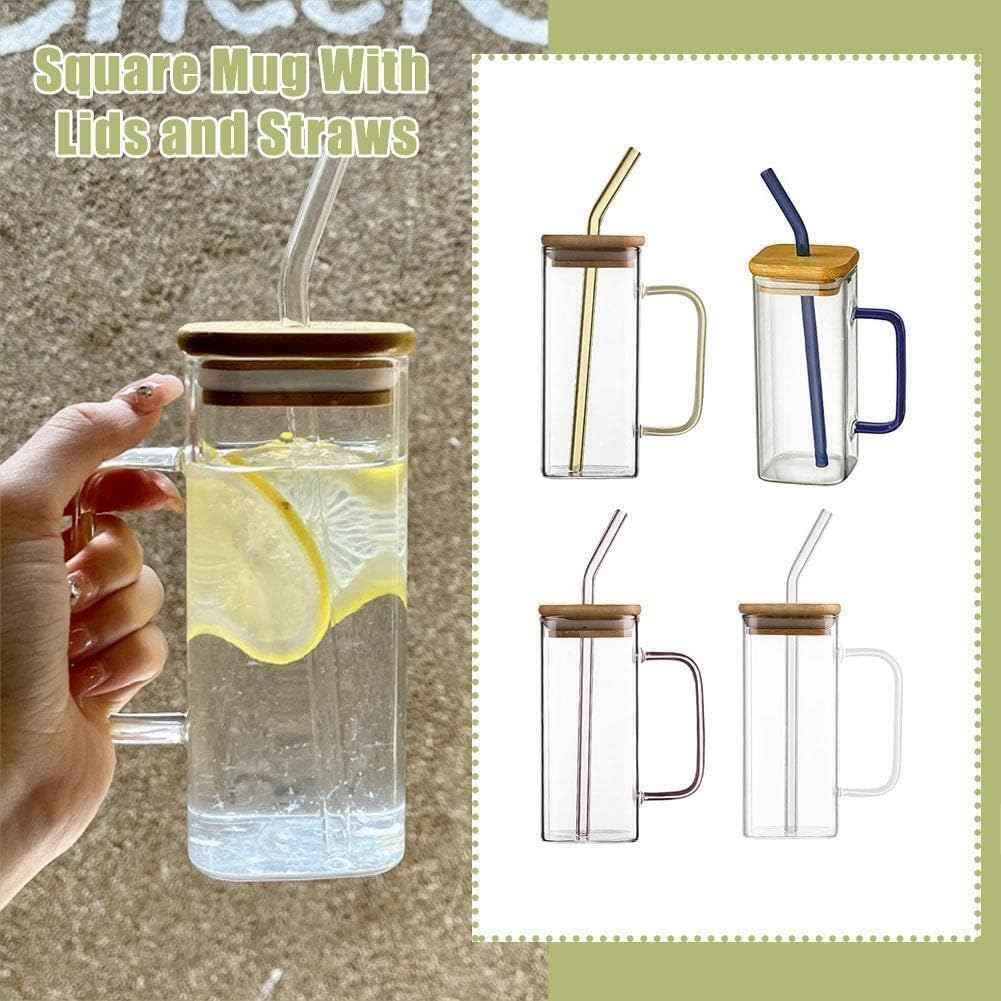 كوب زجاجي مربع من برايم شوب مع مقبض وغطاء خشبي – منتج فاخر متعدد الاستخدامات ومحكم الإغلاق لتجربة شرب استثنائية (عبوة من قطعة واحدة)