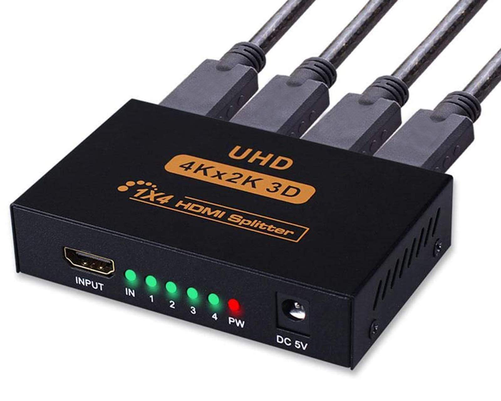 RUMANLE HDMI Splitter 1 in 4 Out, 4K Ultra HD 3D 1080p 2160p, Supports High Resolutions, 1 Source to 4 Displays Simultaneously Ideal for home entertainment, office use, classrooms, and exhibitions