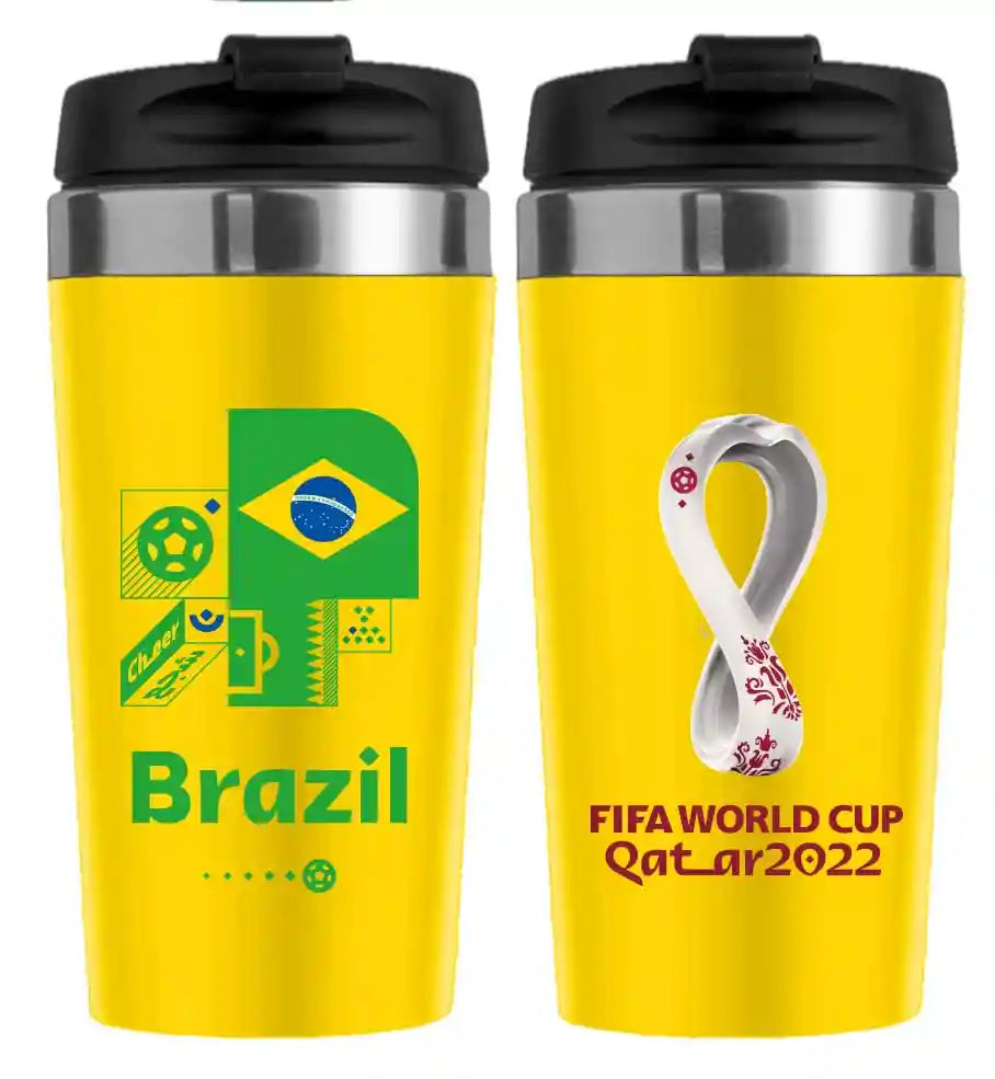استمتع بمشروباتك المفضلة أثناء التنقل مع كوب الفولاذ المقاوم للصدأ بعزل حراري FIFA World Cup قطر 2022 – البرازيل (450مل). مصنوع من فولاذ مقاوم للصدأ عالي الجودة، – Safqqa Egypt