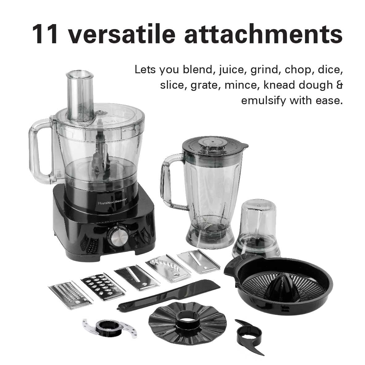Hamilton Beach Food Processor 1000W, 3.5L bowl and 11 attachments - blender, citrus juicer, grinder mill, chopper and more to knead dough, emulsify, french fry slice and grate, FP1012-ME (Minor Scratsh)