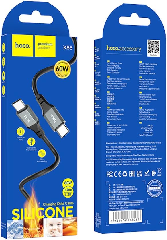 Hoco X86 Spear Silicone Fast Charging & Data Cable USB-C to USB-C – Black