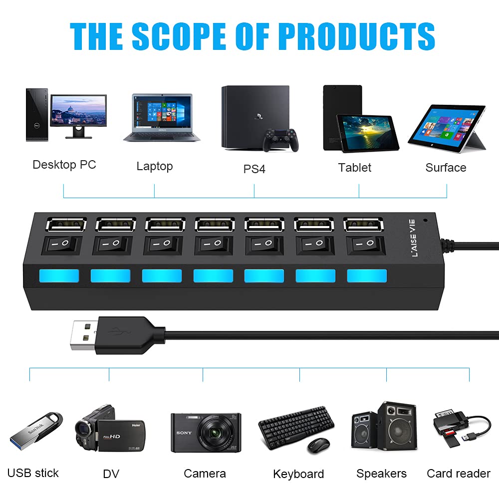 Multi Port USB Splitter, 7 Port USB 2.0 Hub, USB A Port Data Hub with Independent On/Off Switch and LED Indicators, Lights for Laptop, PC, Computer, Mobile HDD, Flash Drive and More (Black 2.0) - Safqqa Egypt